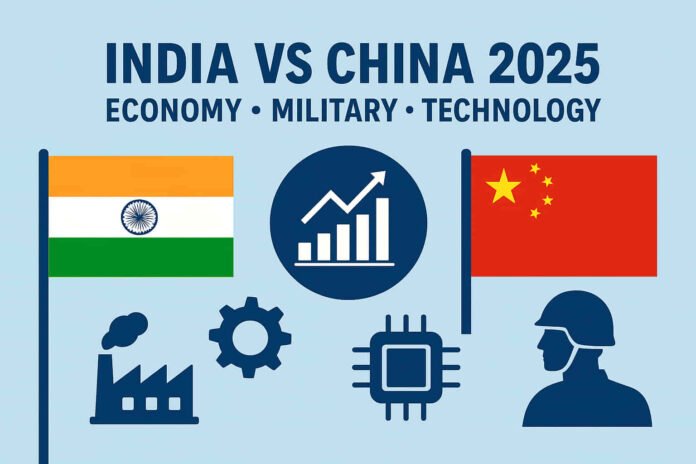nfographic comparing India vs China 2025 in economy, military, and technology
