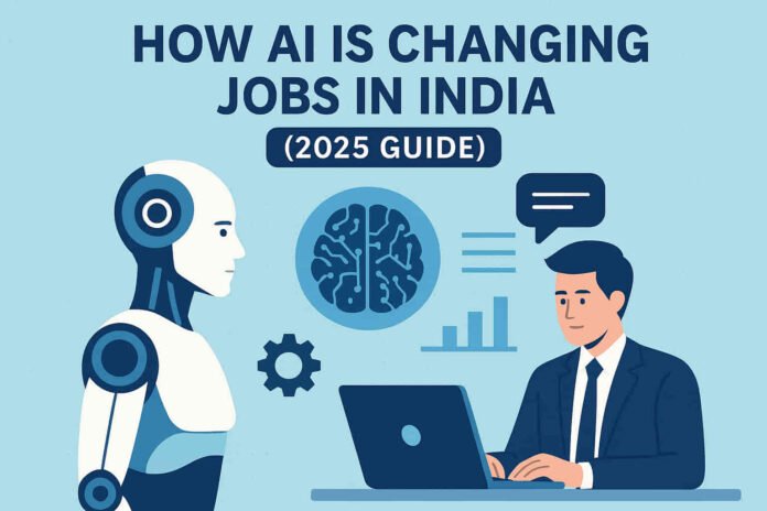 Illustration showing how artificial intelligence is changing jobs in India in 2025 with workers adapting to AI technology