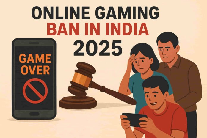 Illustration showing online gaming ban in India 2025 with mobile games, legal gavel, and impact on youth