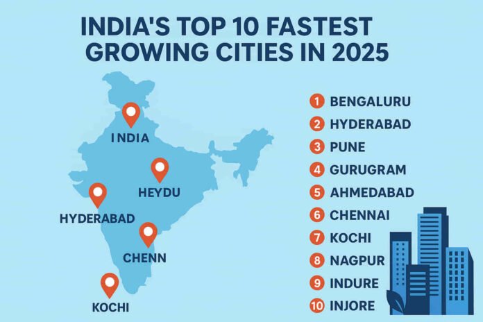 India’s top 10 fastest growing cities in 2025 with urban skyline, population growth, and development highlights