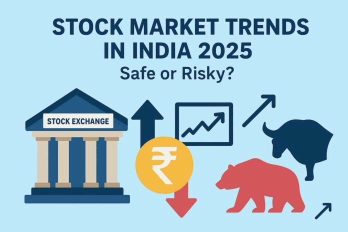 Infographic showing stock market trends in India 2025 with growth and risks